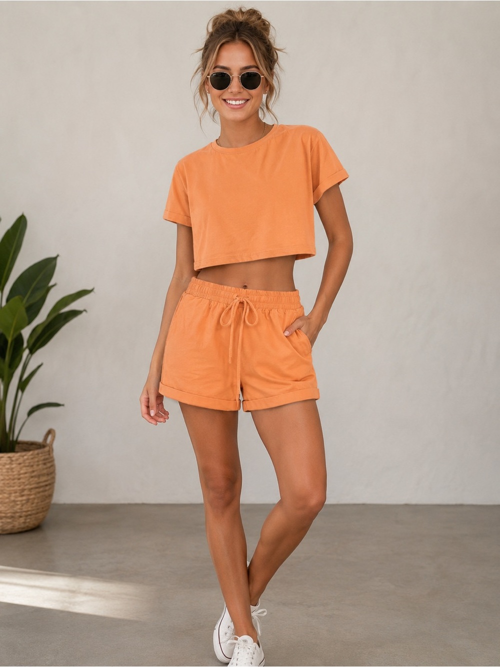 Cropped Tee & Drawstring Shorts Lounge Set - Orange